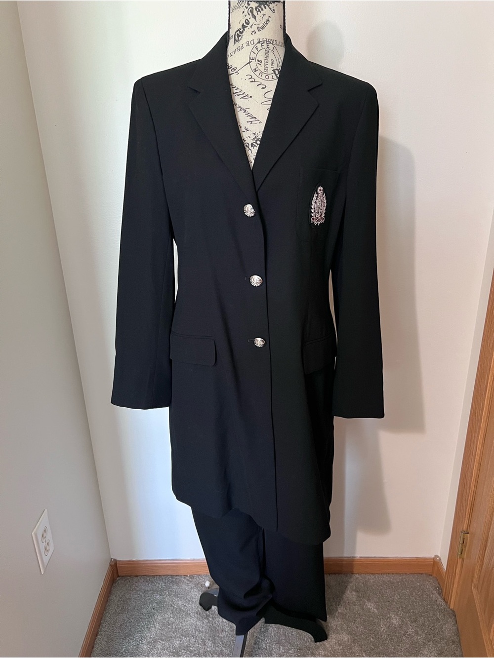 Vintage Lauren Ralph Lauren Black Wool Pant Suit w/ Crest Patch Size 8/10